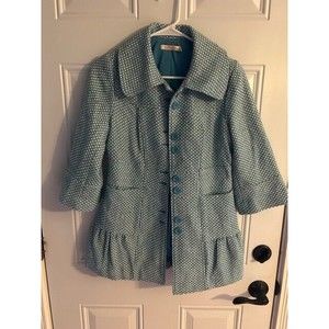 Tullette Coat Womens Size Small Blue and White Jacket 3/4 Sleeve Peplum No Flaws